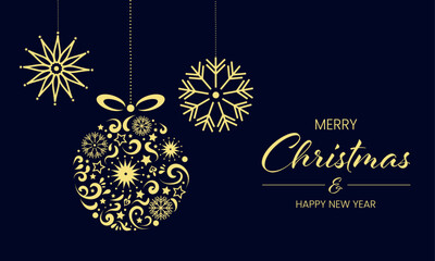 Merry Christmas elegant greeting card. Holidays luxury vector template with gold christmas ball and snowflakes on dark navy blue background.