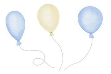 Balloon Set Watercolor illustration. Hand drawn clip art of helium air ballon on isolated background. Pastel blue drawing. Cute sketch in cream colors for Baby shower invitation or kids greeting card. © Alisles