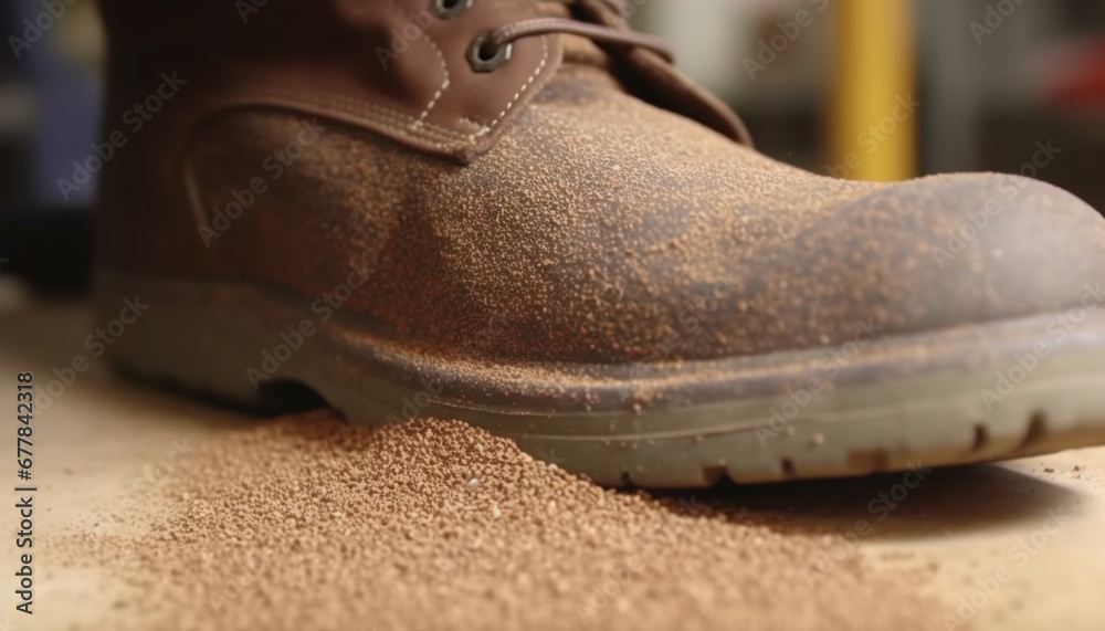 Poster men leather hiking boot with dirty sole walking in nature generated by ai