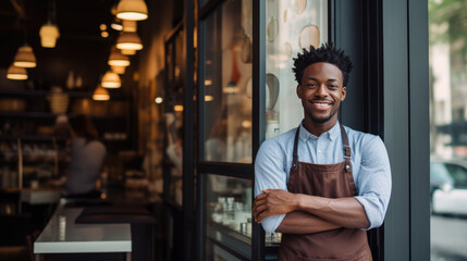 Smiling man small business owner in apron standing confidently in front of a cafe, with warm lighting and blurred interior details in the background. - obrazy, fototapety, plakaty