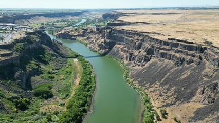 Drone shot of the Snake river in the Pacific Northwest region, USA