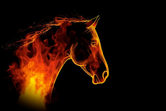 Fire horse on black background. AI generative