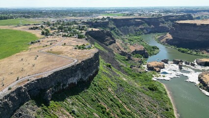 High-angle shot of the Snake River in the Shoshone falls park