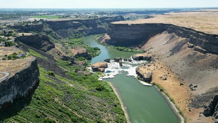 High-angle shot of the Snake River in the Shoshone falls park
