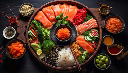 Directly above of Sashimi meal, salmon raw fish file, rice, vegetables in big plate on dark wooden table