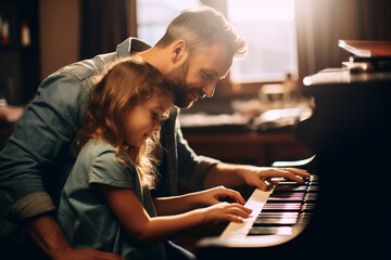 Happy dad teaches his cute daughter to play the piano. Happy Father's Day. Happy Family Moments.