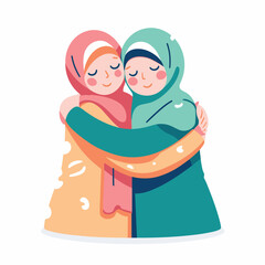 a muslim woman hug each other vector illustrations on white background