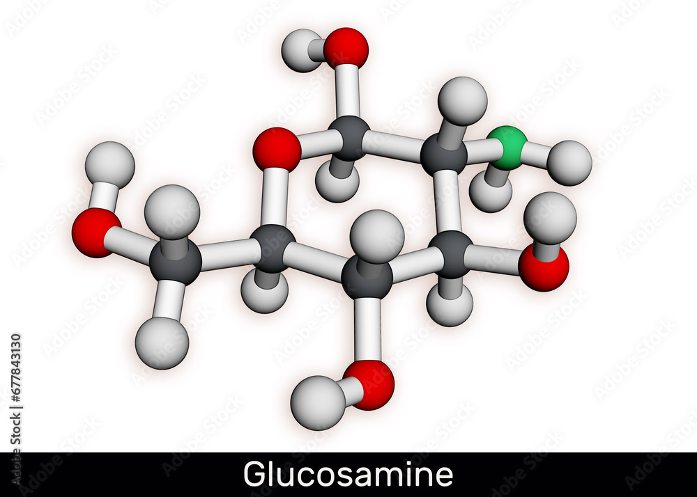 Sticker glucosamine molecule. it is used for treatment of osteoarthritis. molecular model. 3d rendering. ill