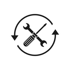 Screwdriver and wrench in circular arrow. Automation, mechanism icon flat style isolated on white background. Vector illustration