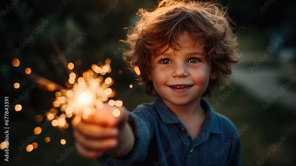 Poster A joyful child holding a lit sparkler, smiling brightly against a backdrop of evening light with a bokeh effect.