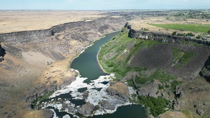Drone shot of the Shoshone falls in the Snake river in the Pacific Northwest region, USA