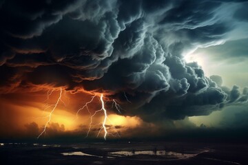 Dramatic and intense tornado with lightning in stormy night sky. Generative AI - obrazy, fototapety, plakaty