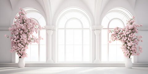 Serene Window View Pink Blossom & White Drapery,,
Tranquil Home Interior  Soft Curtain & Pink Flower Generative Ai
