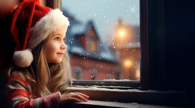 Lovely Little Girl Child In Red Santa's Costume Sits On The Windowsill At Home Makes Wishes And Dreaming About Gifts. Cozy Magical Christmas Time. Snowy Weather. New Year Eve And Merry Christmas