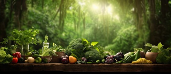 background a lush green nature scene enveloped a wooden table adorned with an array of healthy organic food boasting vibrant leaves and a serene atmosphere inviting a sense of well being and - Powered by Adobe
