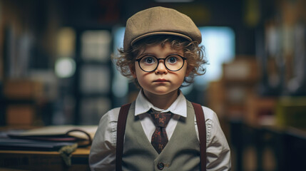 A young boy in formal attire, with a shirt, tie, suspenders, and hat, stands seriously - obrazy, fototapety, plakaty