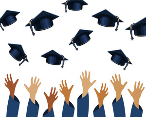 Graduation party banner with raised hands and graduation caps. Design for graduate diploma, awards. Education concept. Vector