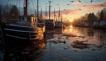 Sailing ship glides on tranquil water, reflecting sunset beauty generated by AI