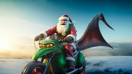 Fotobehang Santa Claus in red clothes rides a dragon chopper motorcycle. Symbol 2024 © Stanislav