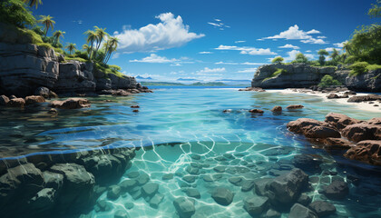 Fototapeta premium Tropical coastline, turquoise waters, tranquil scene, sandy beach generated by AI