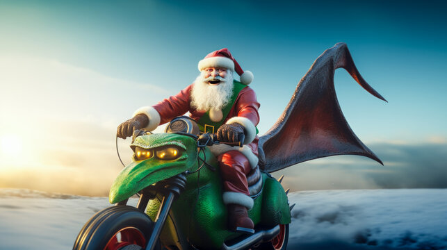 Santa Claus in red clothes rides a dragon chopper motorcycle. Symbol 2024