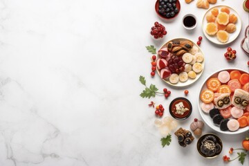 Delicious Spread for Chinese New Year: Flat Lay of Colorful Food and Drinks on Marble Table