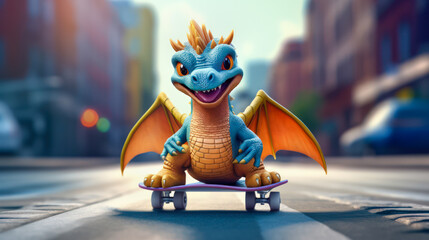 Smiling blue 3d dragon on a skateboard on a city street. Symbol of 2024. - obrazy, fototapety, plakaty