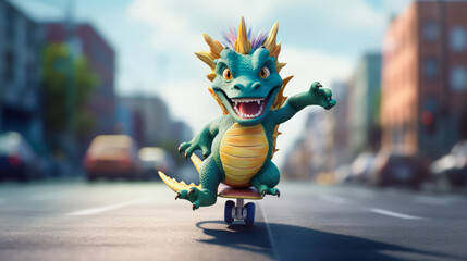 Smiling green and yellow 3d dragon on a skateboard on a city street background. Symbol of 2024. - obrazy, fototapety, plakaty