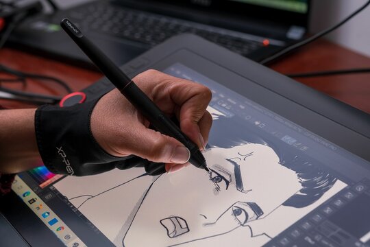 Talented Female Artist Illustrating Manga on Wacom Tablet