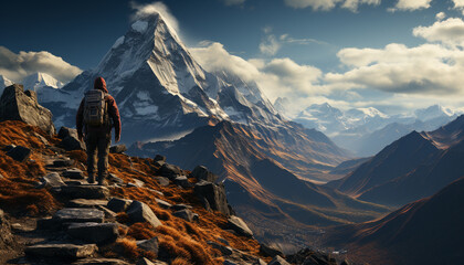 One person hiking, climbing mountain peak, enjoying majestic nature generated by AI - obrazy, fototapety, plakaty
