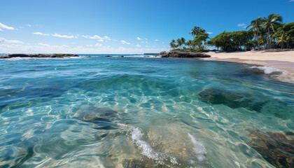 Fototapeta premium Tropical coastline, blue waters, palm trees, serene sunset generated by AI