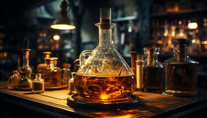 Fototapeta na wymiar Whiskey glass on bar table, reflecting luxury and alchemy generated by AI