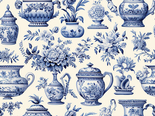 Blue toile pattern of ceramic pottery - obrazy, fototapety, plakaty