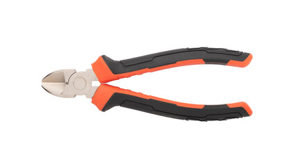 A metal side cutters with orange black rubber electrical insulating handles. Electrician tool for repair and construction. Isolated on transparent background. Top view.
