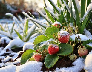 Erdbeeren im Winter unter einer schneeweißen Decke - 677845903
