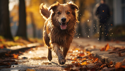 Playful puppy running in the autumn forest generated by AI