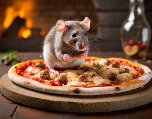 Ratte auf Pizza in einem Reataurant - obrazy, fototapety, plakaty