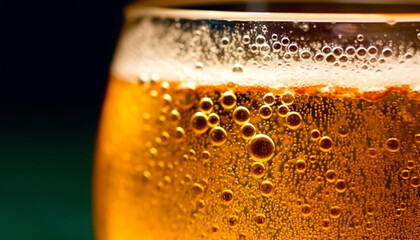 Gold colored liquid drops in frothy beer glass, refreshing drink generated by AI