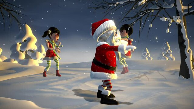 Christmas party. Cheerful Santa Claus is dancing on winter snowy background. Animated greeting card with copy space for text. Winter holiday background.