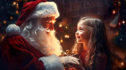 Winter Christmas magic time. Smiling little girl and Santa Claus with a gift near Christmas tree...