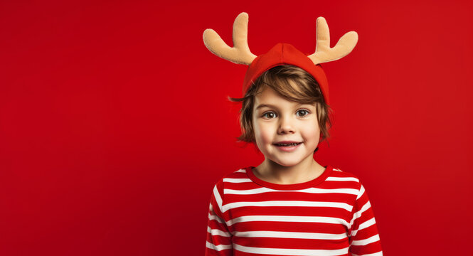 A young happy child wearing a festive reindeer costume for Christmas holiday celebration