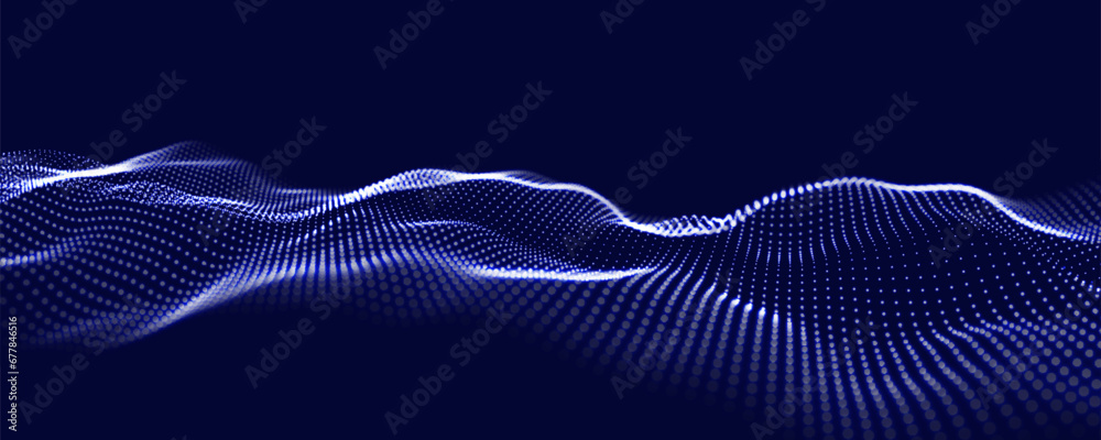 Poster Music wave of particles. Big data visualization. Abstract blue background with a dynamic wave. Vector illustration.