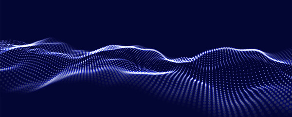 Music wave of particles. Big data visualization. Abstract blue background with a dynamic wave. Vector illustration. - obrazy, fototapety, plakaty