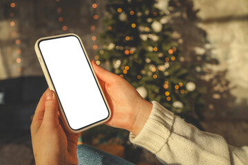 Phone with isolated screen in Christmas mood - obrazy, fototapety, plakaty