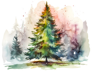 Happy Christmas watercolor tree on white background