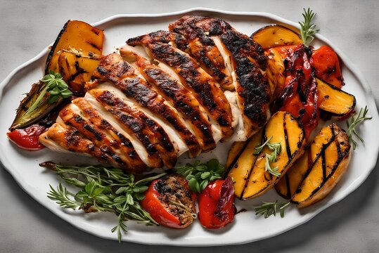 Grilled Chicken Breast And Vegetable Platter On Whiteoda