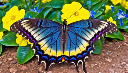 Vibrant multi colored butterfly wing in close up, showcasing natural beauty generated by AI