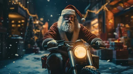 Fotobehang Santa Claus on a motorcycle on Christmas Eve leaving to deliver presents © Diego