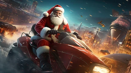 Gartenposter Santa Claus on a motorcycle on Christmas Eve leaving to deliver presents © Diego