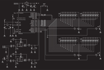 Schematic diagram of electronic device. 
Vector drawing electrical circuit with 
microcontroller, operational amplifier, 
diode, resistor, capacitor, led and other components.